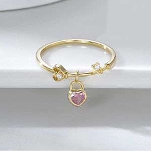 Dainty Heart Lock Stack Ring 14k Gold Plated Pink Clear Crystals